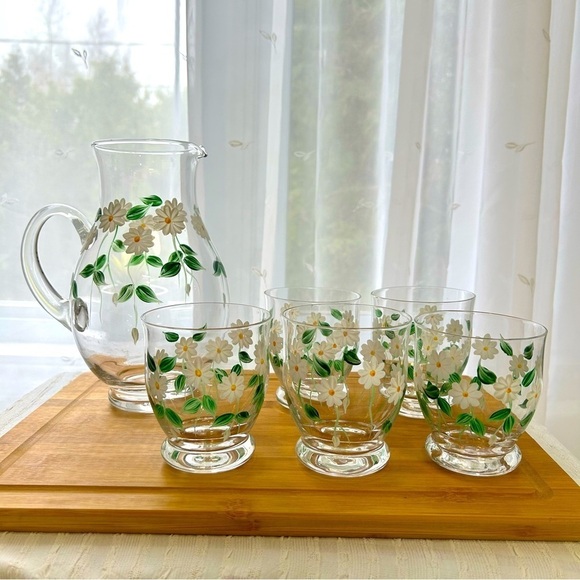 SOLD-Vintage hand painted glass pitcher and 5x water glasses - Picture 1 of 7